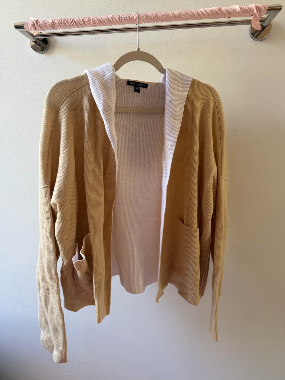 Eileen Fisher Cream Hooded Open-Front Cardigan with Tan Body